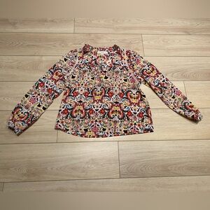 LOFT Petite Border Floral Cutout Ruffle Neck Blouse